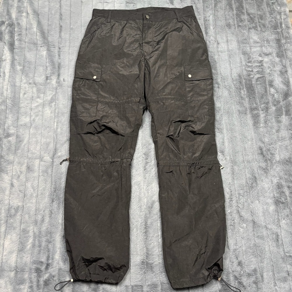 MNML Mens Black Nylon Cargo Pants Adjustable Bungee Crinkle Techwear Size 34